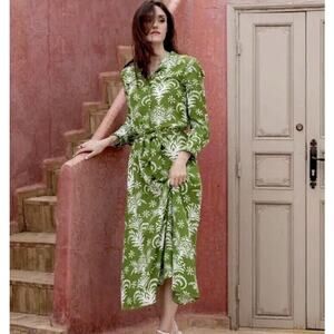 Zara Womens Green & White Tropical Belted Printed Maxi Dress Size XXL